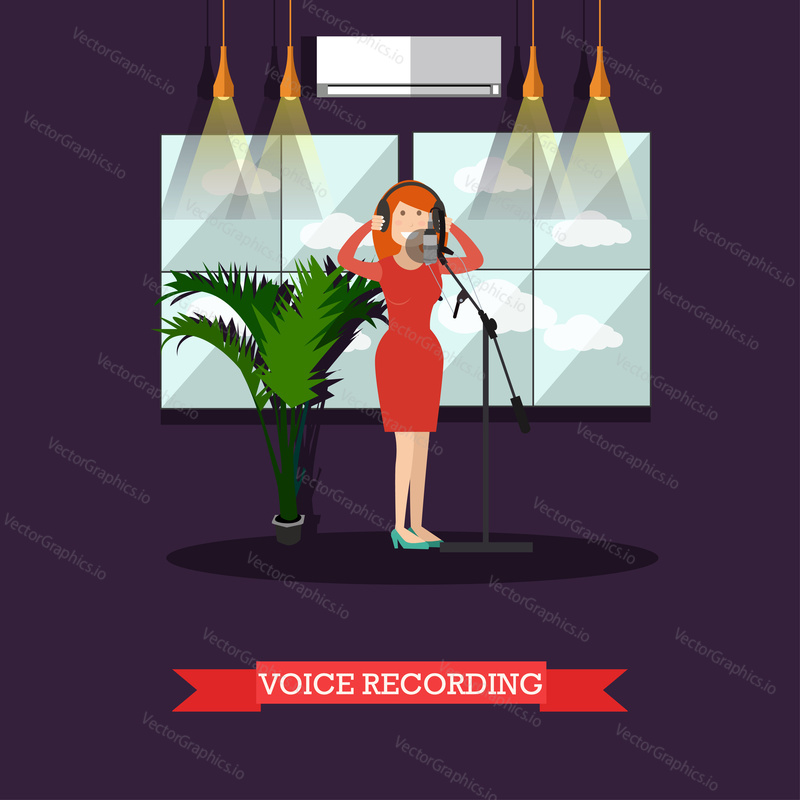 Vector illustration of singer female in headphones singing in the microphone at radio studio. Voice recording for radio programmes flat style design element.