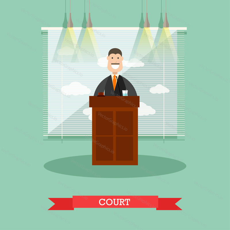 Vector illustration of professional judge in robe standing at tribune. Court flat style design element.