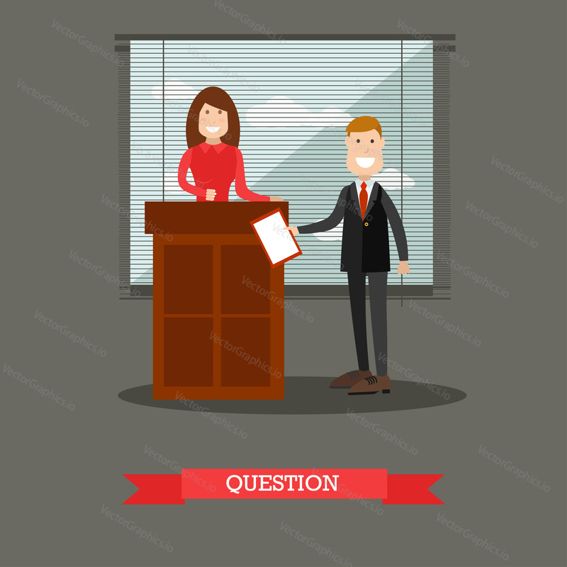 Vector illustration of attorney questioning witness female standing at tribune. Interrogation in court flat style design element.