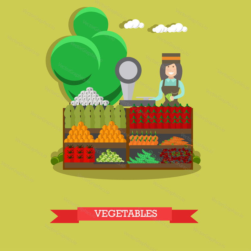Vector illustration of saleswoman standing at market stall with vegetables. Flat style design.