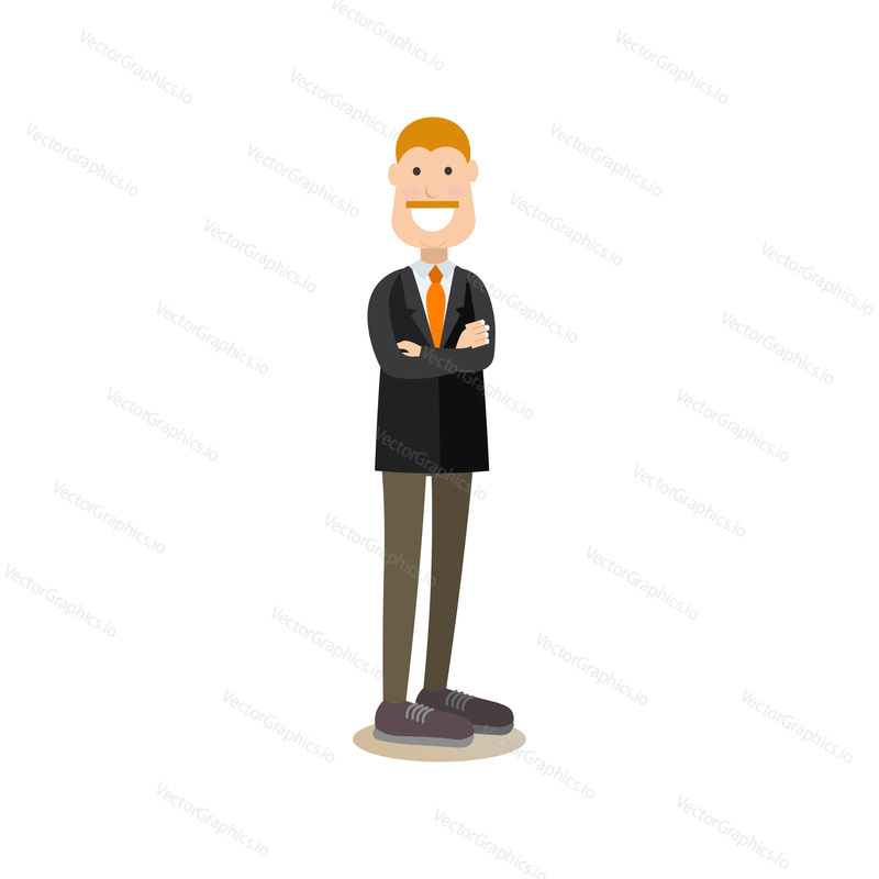 Vector illustration of businessman creative director standing with arms crossed. Creative team people flat style design element, icon isolated on white background.