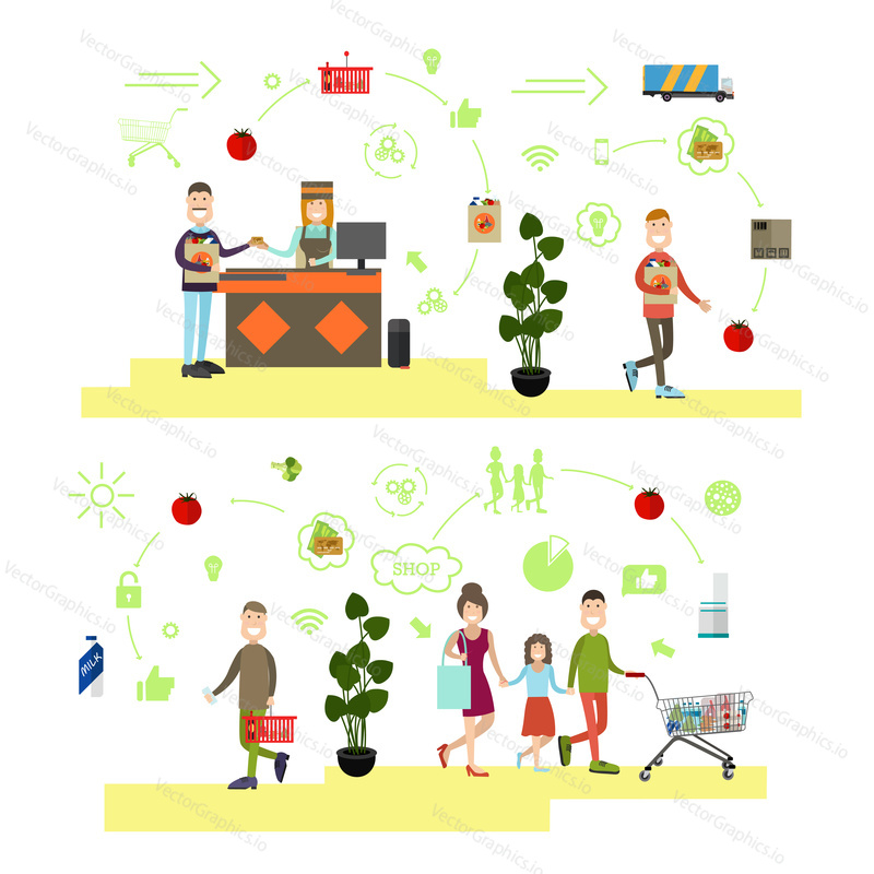 Vector illustration of grocery store cashier female and man paying for purchases. Buyers with trolley, shopping basket. People shopping symbols, icons isolated on white background. Flat style design.