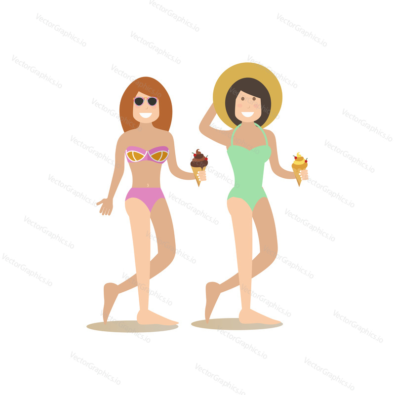 Vector illustration of beautiful women in swimsuits. Summer people concept flat style design element, icon isolated on white background.