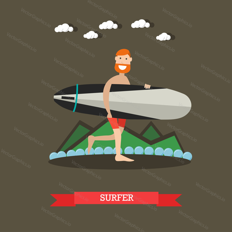 Vector illustration of surfer carrying surfboard. Beach water extreme sports concept design element in flat style.
