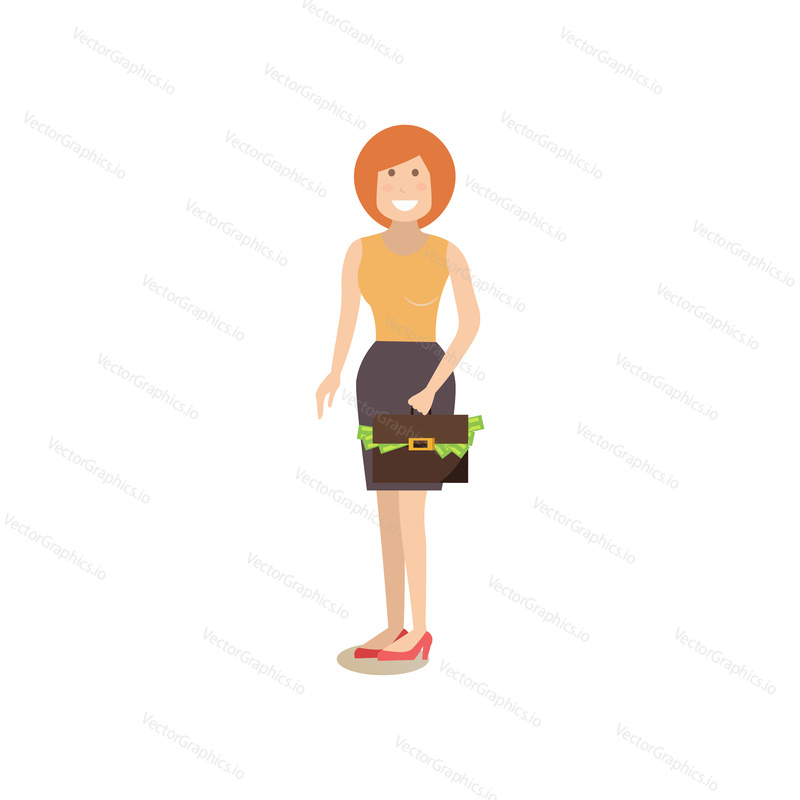 Vector illustration of business partner female with briefcase full of paper money. Creative team people flat style design element, icon isolated on white background.