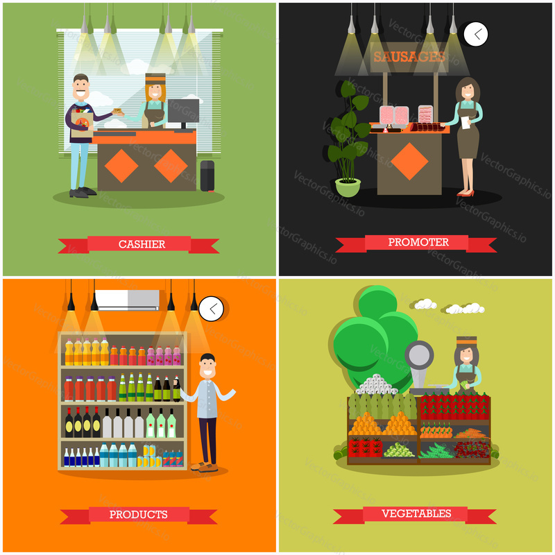 Vector set of purchases concept posters, banners. Cashier, Promoter, Products and Vegetables design elements in flat style.