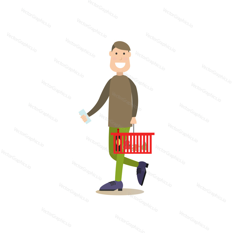 Vector illustration of buyer male with shopping basket full of groceries. People shopping flat style design element, icon isolated on white background.