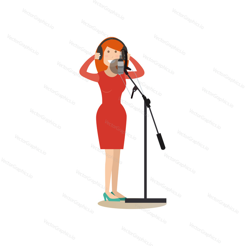 Vector illustration of singer female in headphones singing in the microphone making record of her voice for radio. Radio people flat style design element, icon isolated on white background.