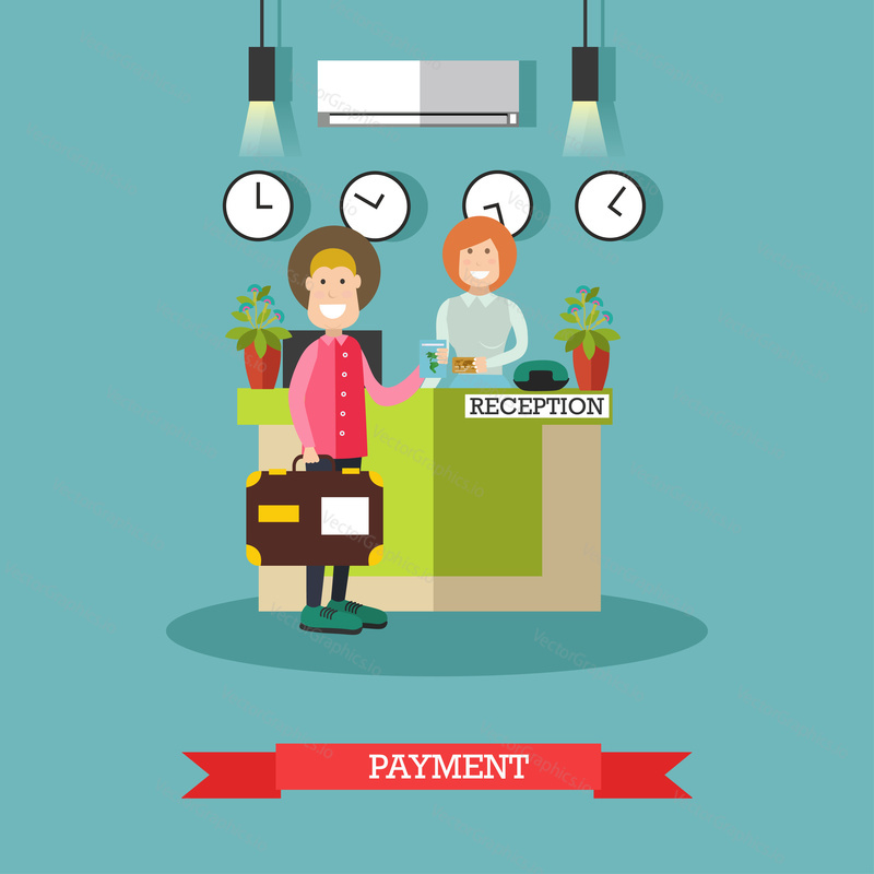 Hotel payment concept vector illustration. Young woman receptionist standing at reception desk and guest male paying for hotel services flat style design element.
