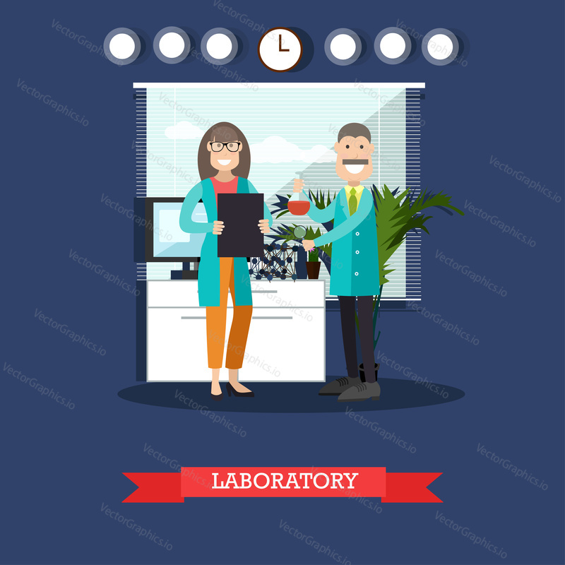 Векторная иллюстрация ученых мужчины и женщины, работающих в научной лаборатории. Интерьер химической лаборатории, оборудование и лабораторная посуда. Элемент дизайна лабораторной концепции в плоском стиле.