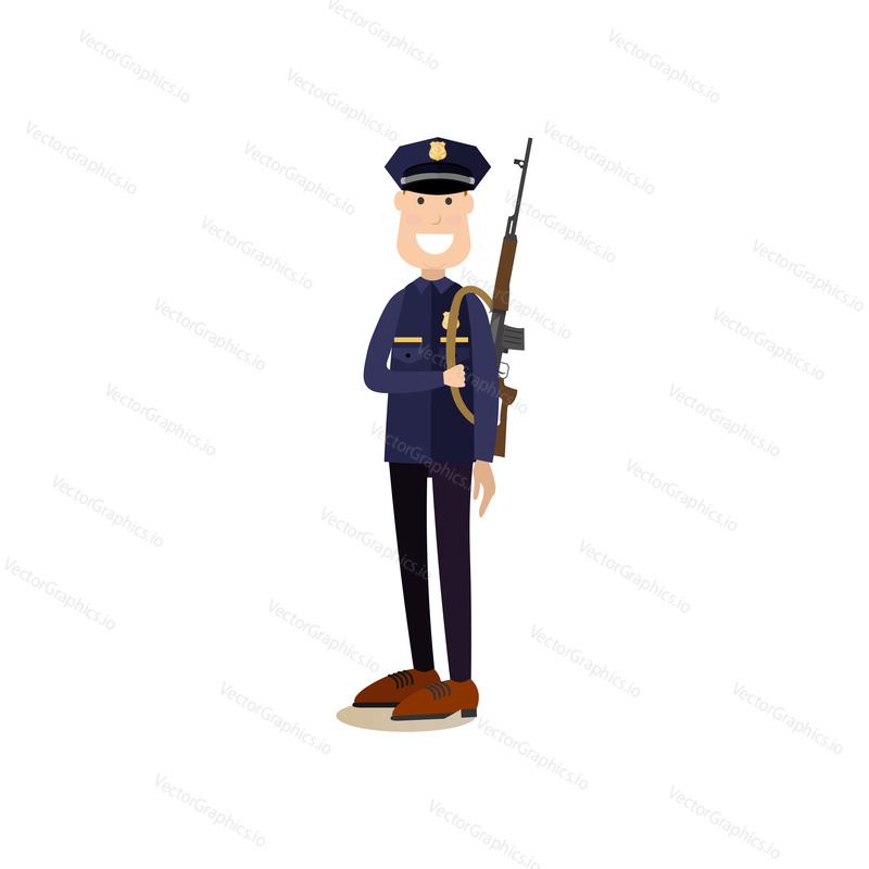 Vector illustration of armed policeman or security guard in uniform. Law court people flat style design element, icon isolated on white background.