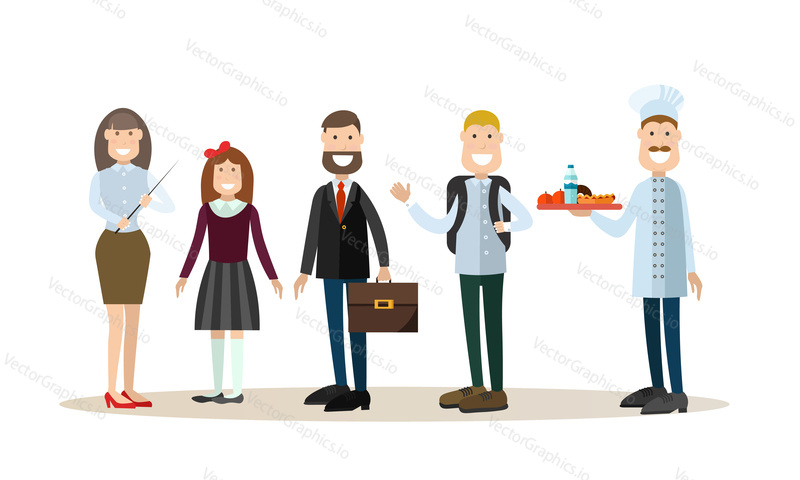 Vector illustration of school principal, teacher, cook and schoolchildren. School people concept flat style design elements, icons isolated on white background.