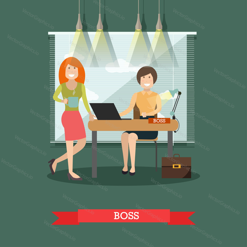 Vector illustration of women creative director and her colleague with cup of tea at office room. Boss concept flat style design element.