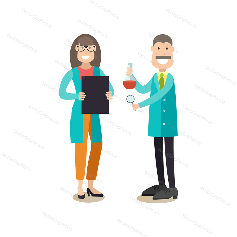 Vector illustration of scientists man and woman working at science lab. Science people concept flat style design element, icon isolated on white background.