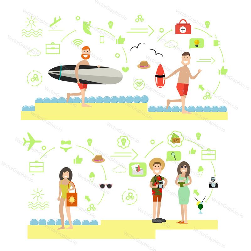 Vector illustration of vacationers taking rest on the beach. Summer people symbols, icons isolated on white background. Flat style design.