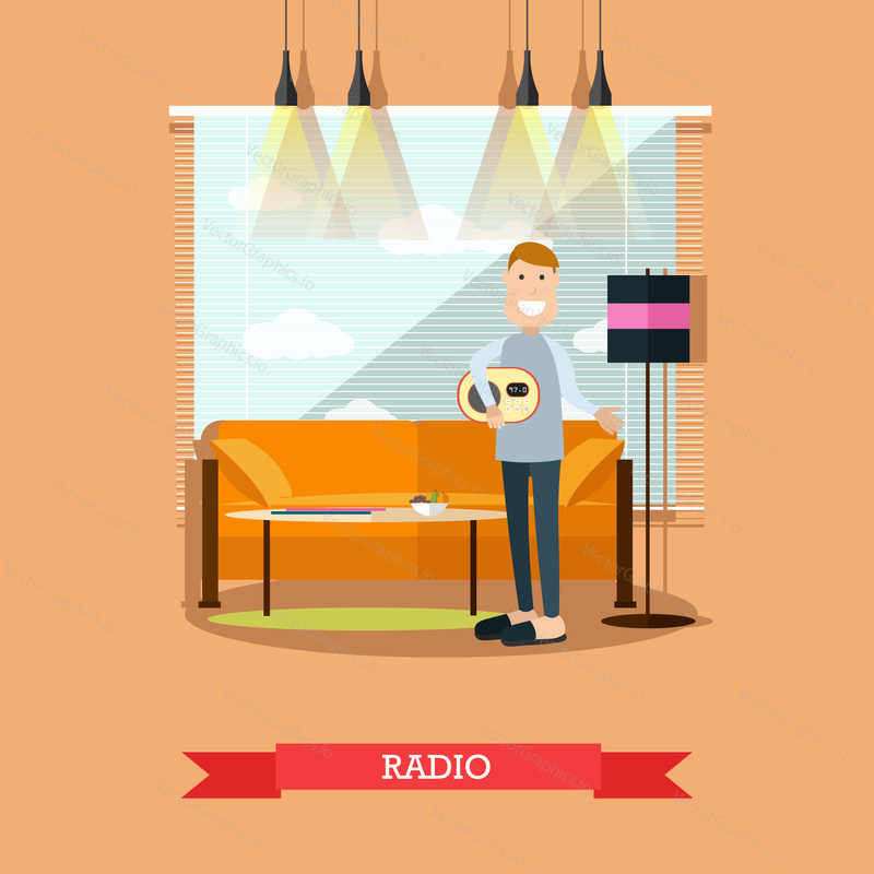 Vector illustration of man listening to radio at home holding radio set in his hand. Living room interior. Radio broadcasting concept flat style design element.