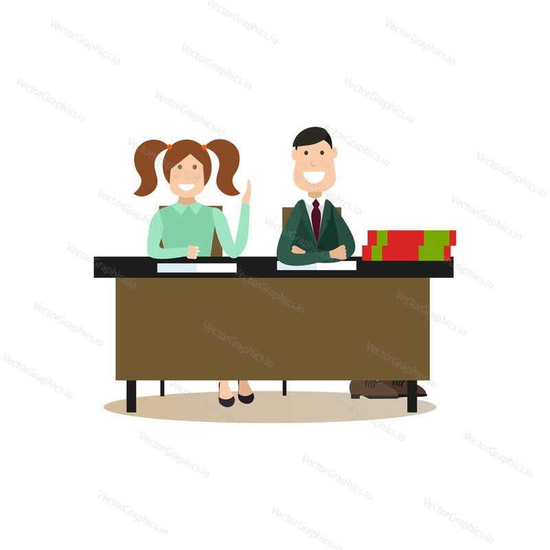 Vector illustration of school children boy and girl sitting at the desk in classroom. School people concept flat style design element, icon isolated on white background.