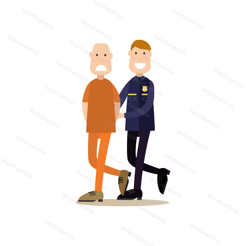Vector illustration of security guard leading defendant or accused man with hands behind his back to the courtroom. Law court people flat style design element, icon isolated on white background.