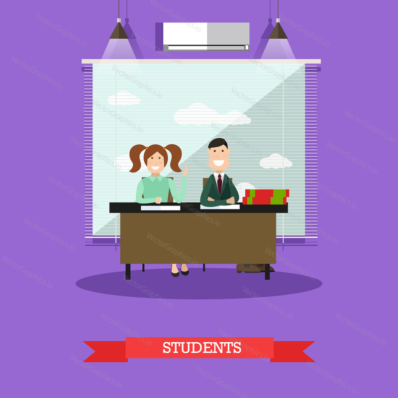 Vector illustration of school children boy and girl sitting at the desk in classroom. Students at lesson concept design element in flat style.