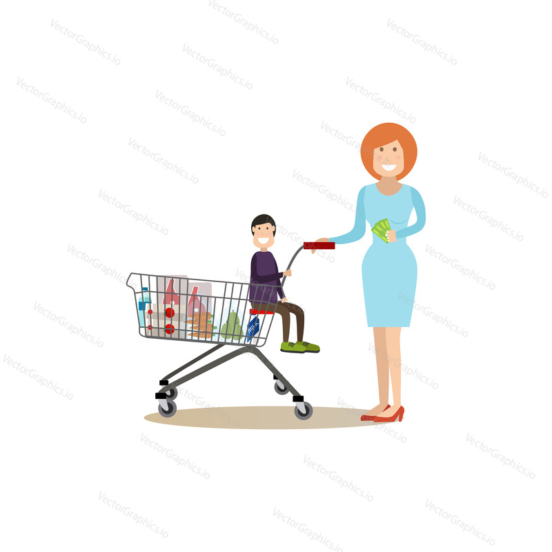 Vector illustration of woman with her son sitting in shopping cart full of groceries. People shopping flat style design element, icon isolated on white background.