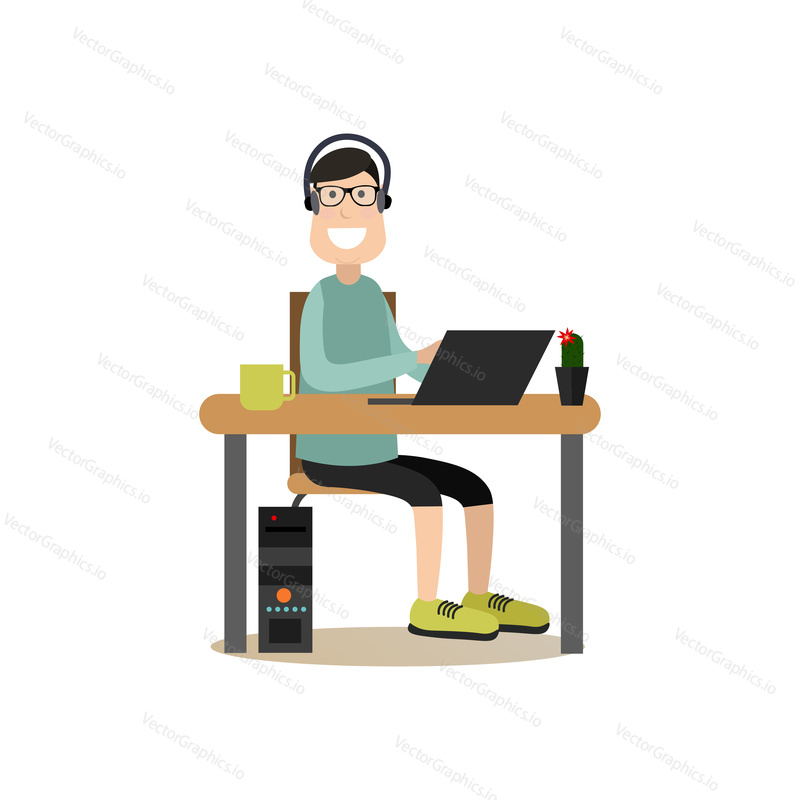 Vector illustration of programmer or tester male in headphones working on computer, testing software. Creative team people flat style design element, icon isolated on white background.