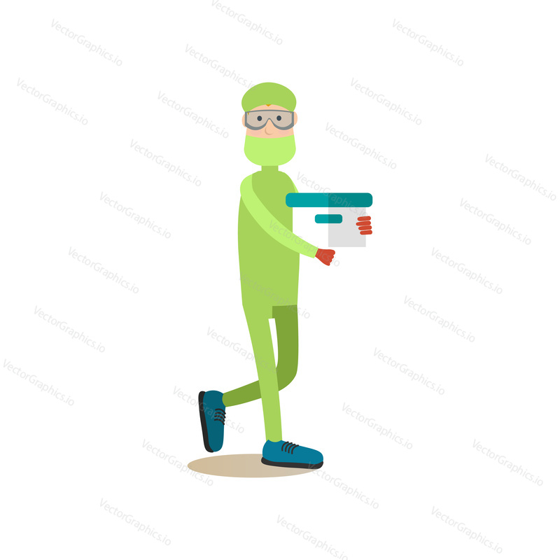 Vector illustration of biologist or chemist male in protective mask and glasses holding test tube. Science people concept flat style design element, icon isolated on white background.