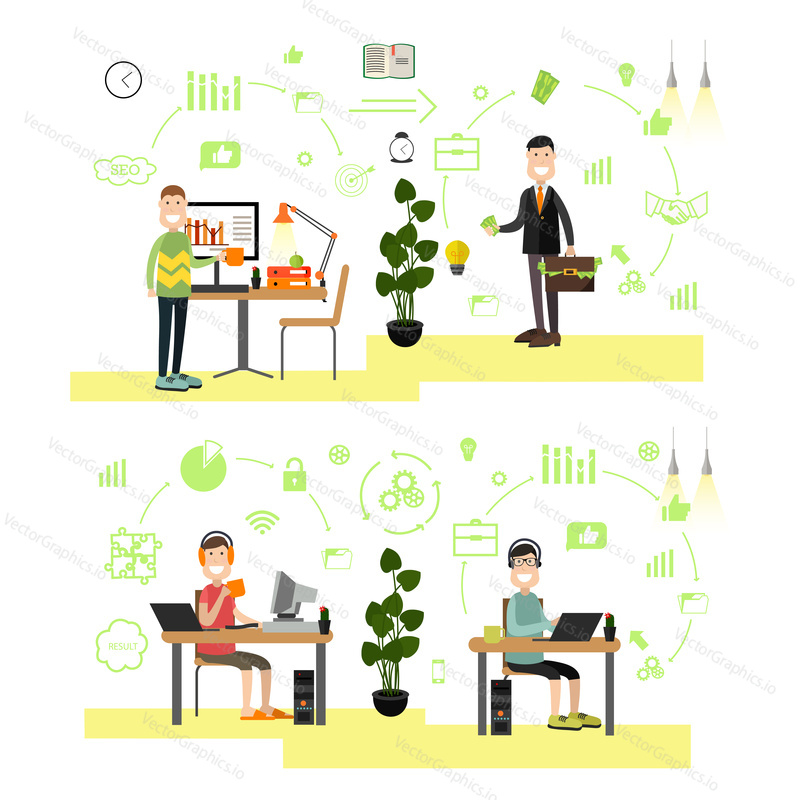 Vector illustration of website developer, sponsor, programmer or system administrator or tester at workplace. Creative team people flat style design elements, icons isolated on white background.