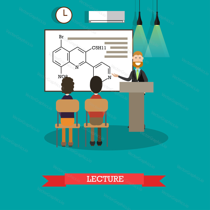 Vector illustration of chemistry teacher, university professor giving lecture. Lecture hall, classroom interior. Flat style design.