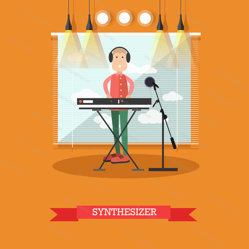 Vector illustration of musician in headphones playing synthesizer at radio studio. Music for radio flat style design element.