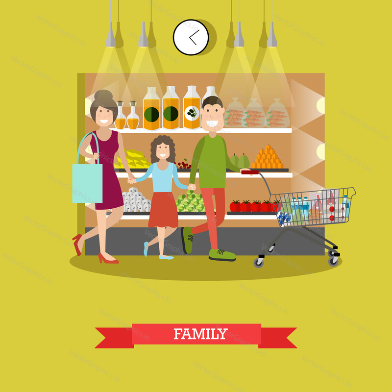 Vector illustration of father, mother and daughter doing shopping at grocery store or supermarket. Family purchases concept design element in flat style.