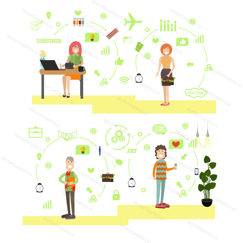 Vector illustration of graphic designer and business partner females, creator and artist males at workplace. Creative team people flat style design elements, icons isolated on white background.