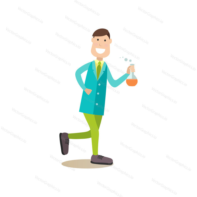Vector illustration of happy scientist male with test flask. Science people concept flat style design element, icon isolated on white background.
