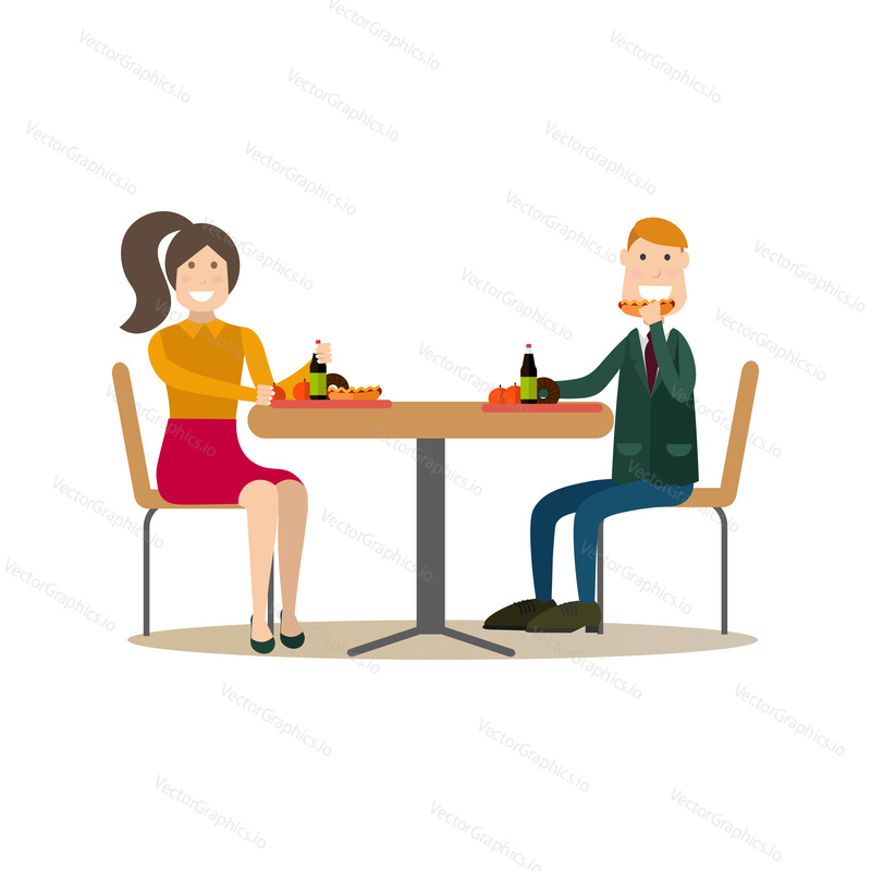 Vector illustration of students having lunch break. School people concept flat style design element, icon isolated on white background.