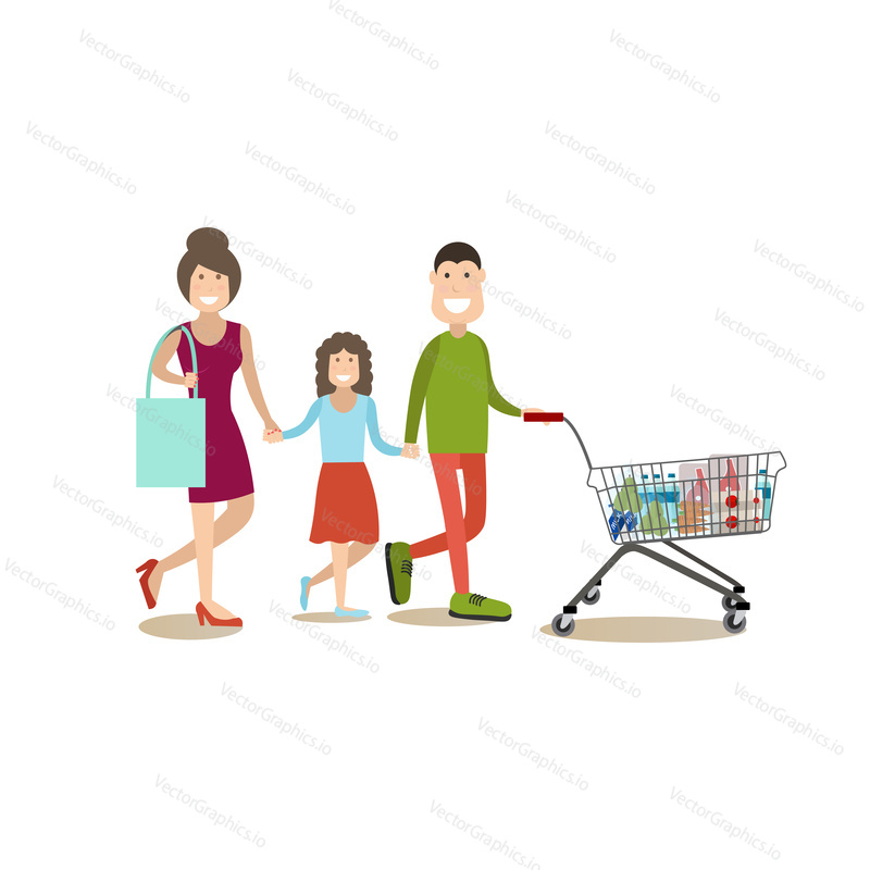Vector illustration of father, mother and daughter doing shopping at grocery store. People shopping flat style design element, icon isolated on white background.