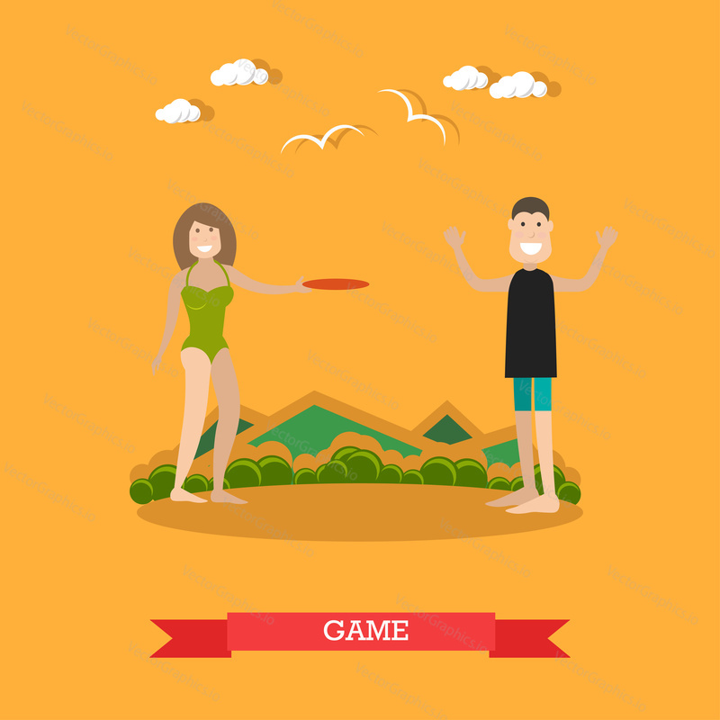 Vector illustration of young man and woman playing frisbee. Summer vacation, beach outdoor game concept design element in flat style.