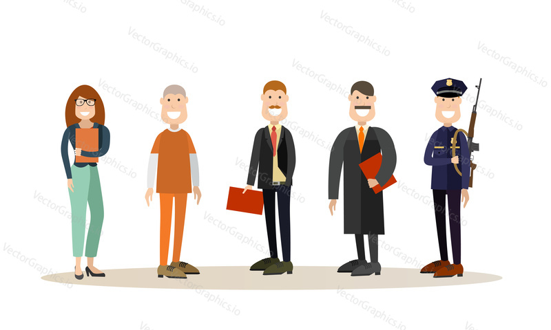 Vector illustration of professional judge, lawyer, police officer, witness and prisoner. Law court people flat style design elements, icons isolated on white background.