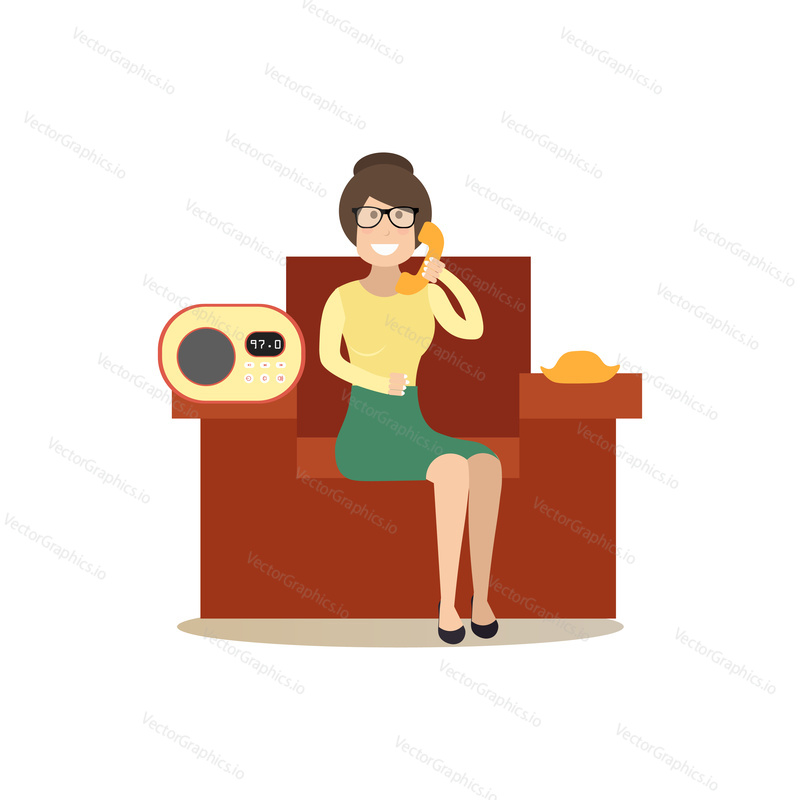Vector illustration of woman sitting on sofa and talking over the phone. Call to radio concept flat style design element, icon isolated on white background.
