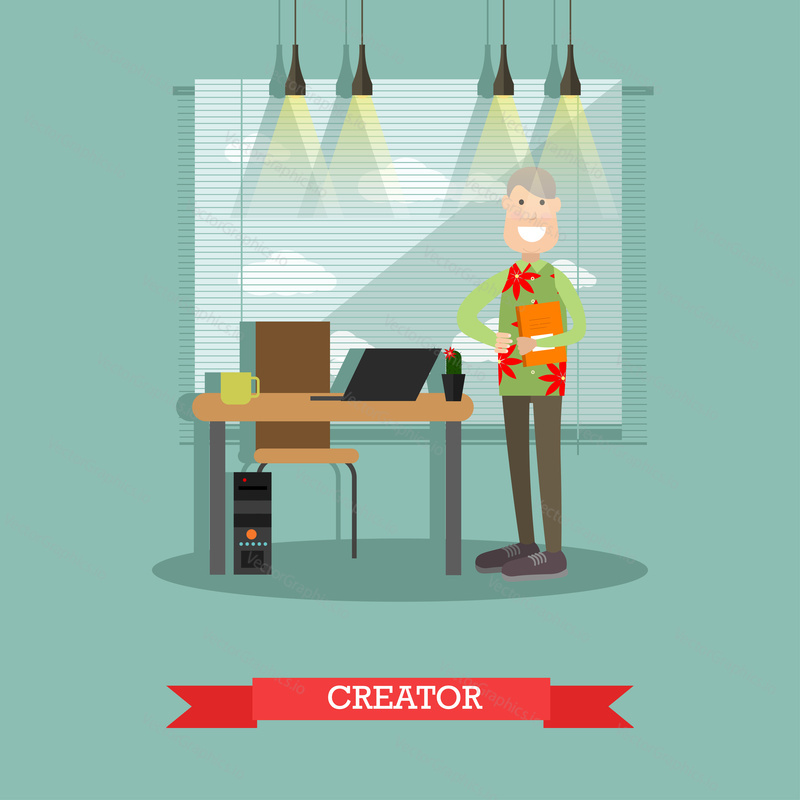 Vector illustration of creative worker male at his office. Creator concept flat style design element.