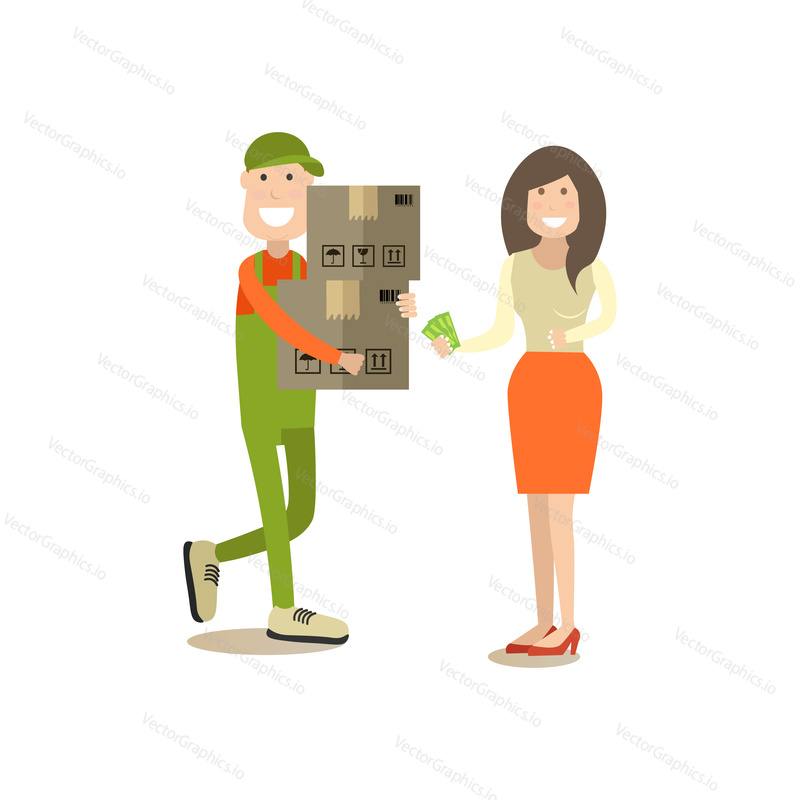 Vector illustration of man delivering goods in cardboard boxes to buyer female. Home delivery services. People shopping flat style design element, icon isolated on white background.