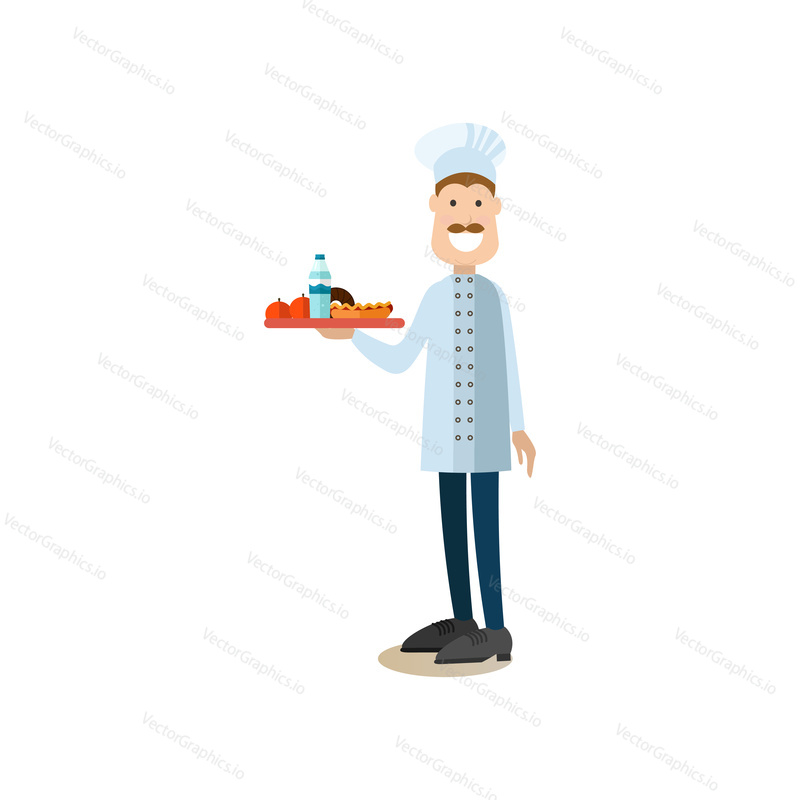 Vector illustration of school cook holding tray with food. School people flat style design element, icon isolated on white background.