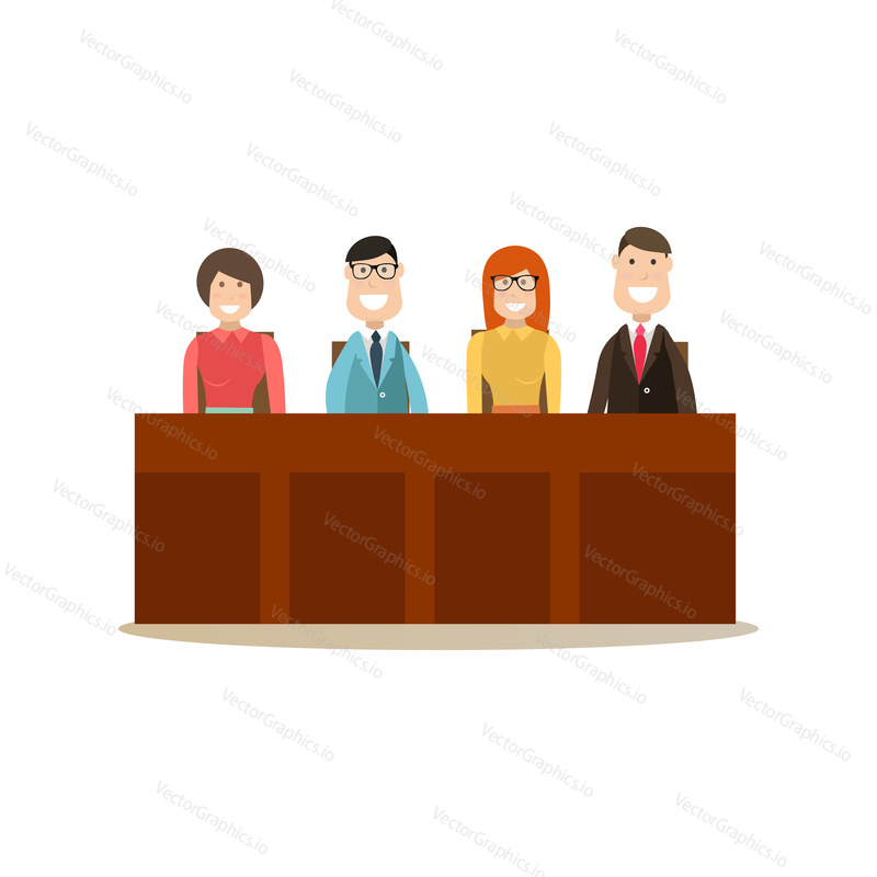 Vector illustration of group of people jury sitting at jury box. Law court people flat style design element, icon isolated on white background.