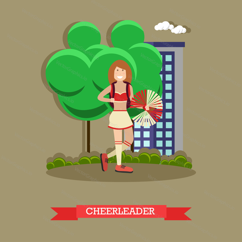 Vector illustration of cute girl holding red pompom. Cheerleader concept design element in flat style.