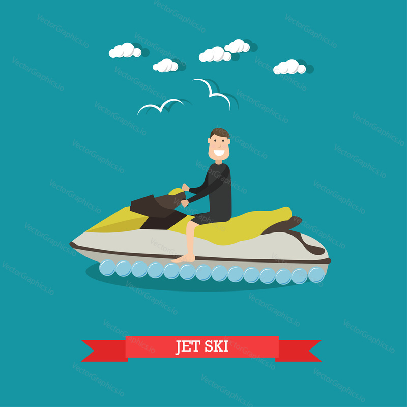 Vector illustration of man riding water scooter. Jet ski flat style design element.