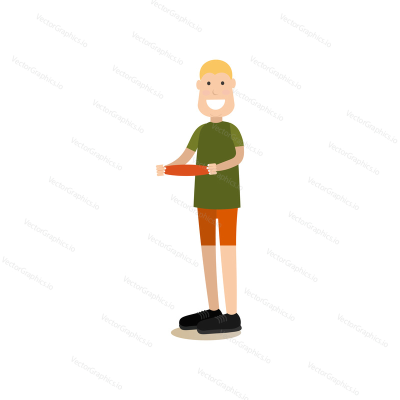 Vector illustration of man with frisbee plastic disk. Summer people concept flat style design element, icon isolated on white background.