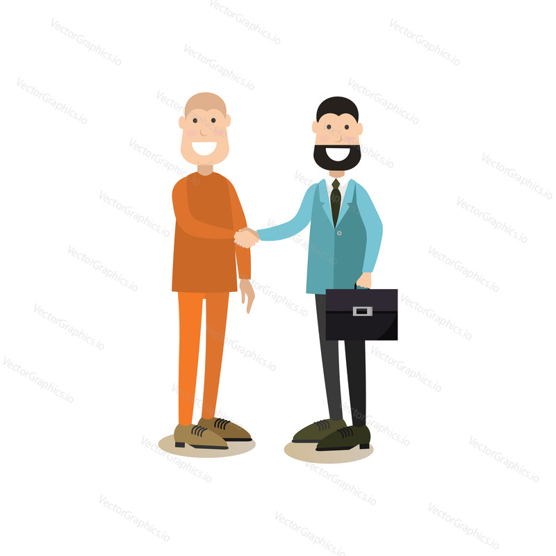 Vector illustration of happy lawyer or defence barrister and defendant celebrating victory in court case. Law court people flat style design element, icon isolated on white background.