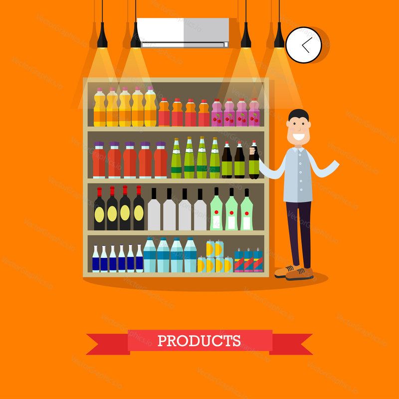 Vector illustration of buyer male taking bottle from supermarket shelf with products. Flat style design.