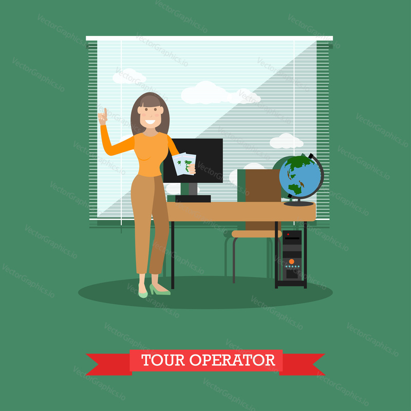 Vector illustration of woman offering tours, travel agency interior. Tour operator flat style design element.