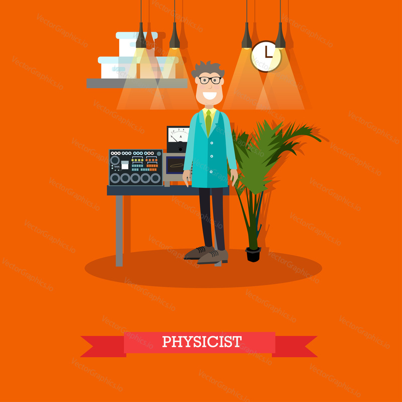 Vector illustration of scientist, engineer or technician standing in front of the table with measuring devices, physical laboratory interior. Physicist flat style design element.