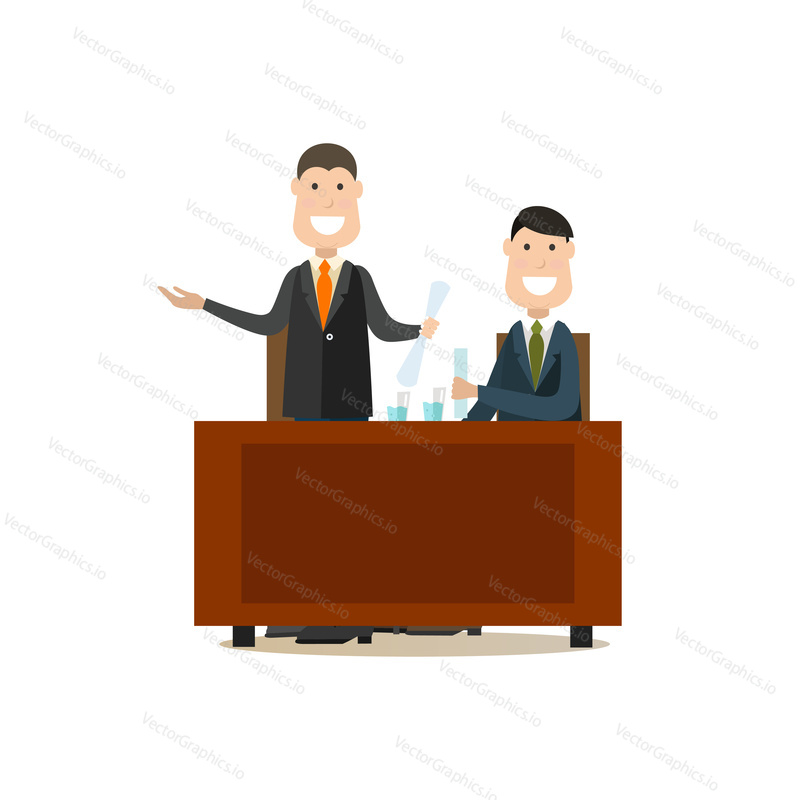Vector illustration of happy lawyer providing the court with the proof of his client innocence. Law court people flat style design element, icon isolated on white background.