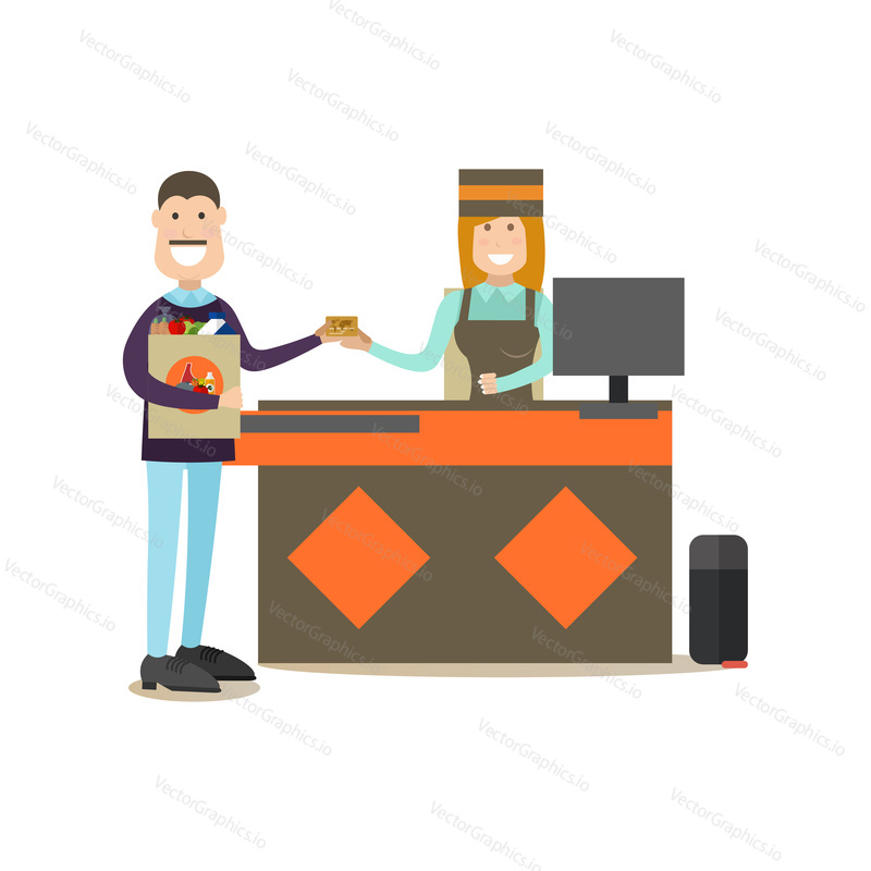 Vector illustration of grocery store cashier female and shopper male paying for purchases. People shopping flat style design element, icon isolated on white background.